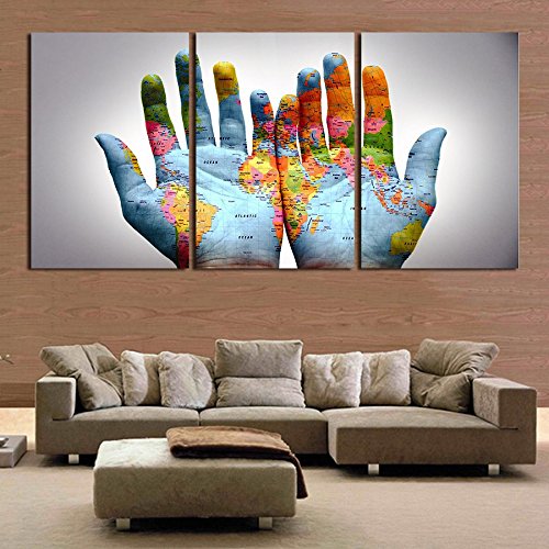 3 Pannelli Quadro su Tela Montato su Telaio in Legno Quadro Olio Mano con Mappa del Mondo Stampa